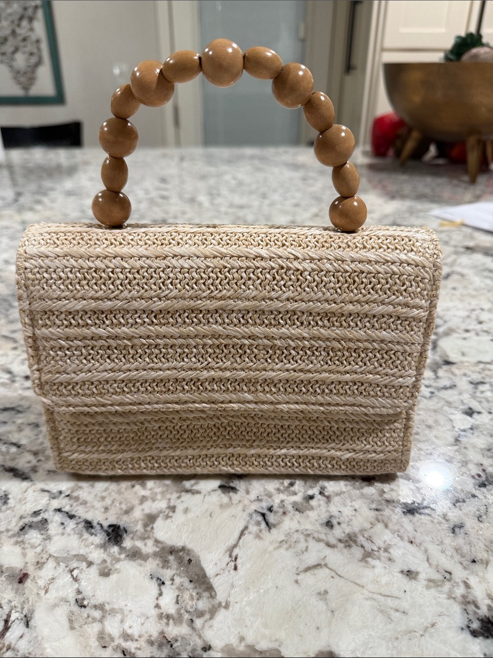 Beaded Handle Straw Top-Handle Bag in Natural